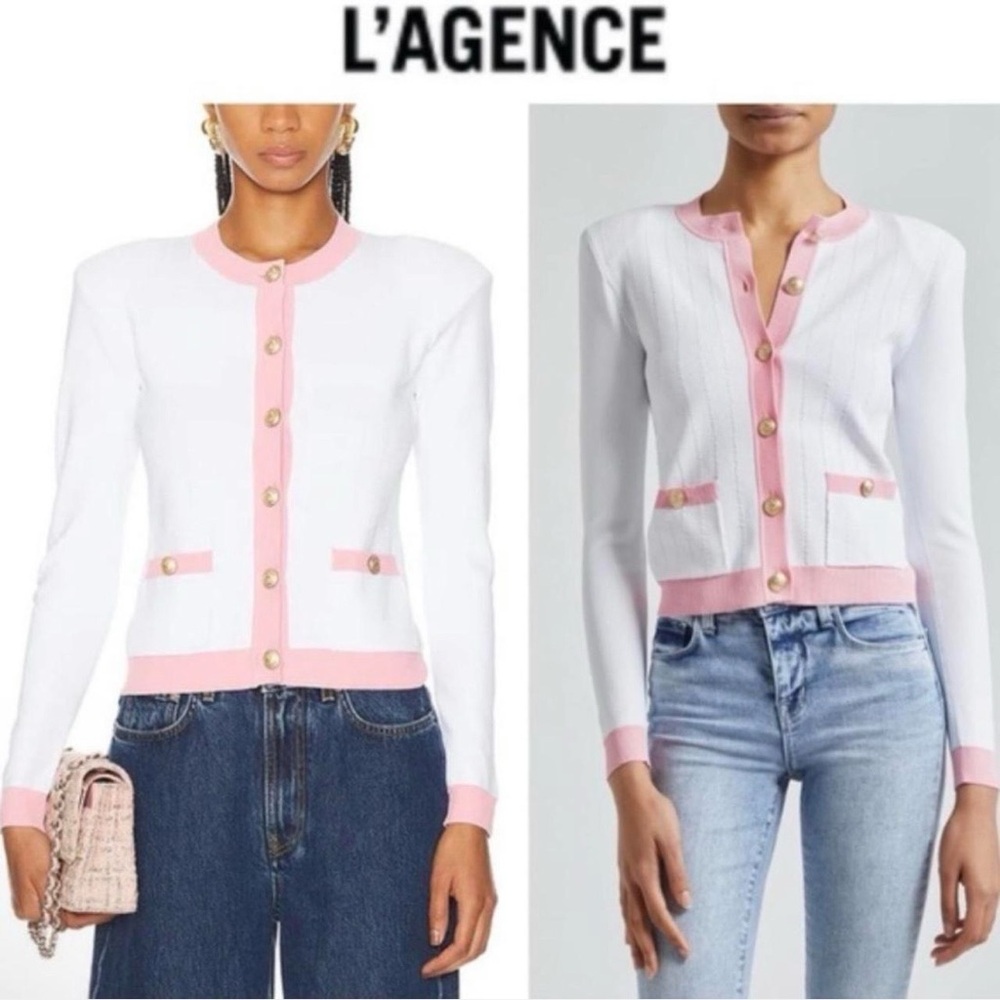 L'AGENCE Leon Crew Neck Cardigan in White & Cotton Candy Pink Size Small NWT